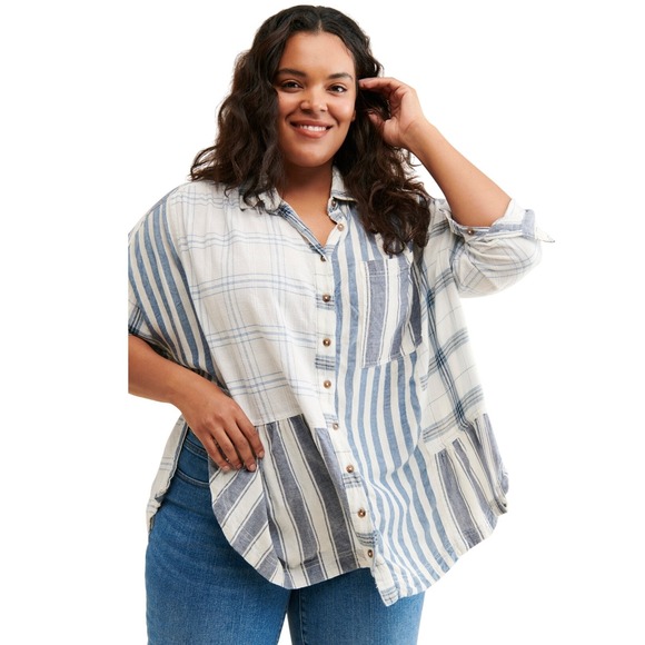 PILCRO Patchwork Tunic Top L/XL Blue White Stripe Plaid Ruffle Button Up - Picture 1 of 11